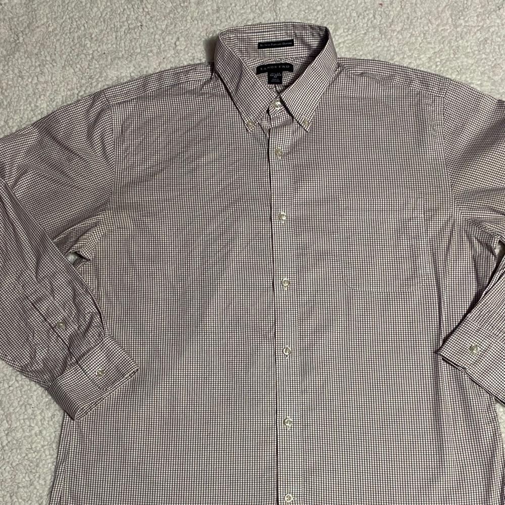 Lands end Mens tailored fit 16.5 - 34 button down dress shirt red blue checkered